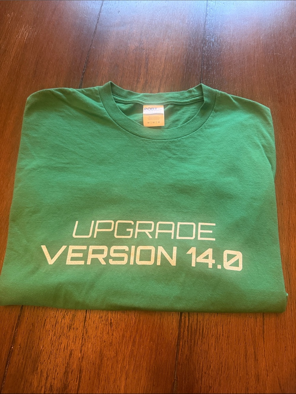 Port and Company Green Short Sleeve Tee with White 'Upgrade Version 14.0' Print